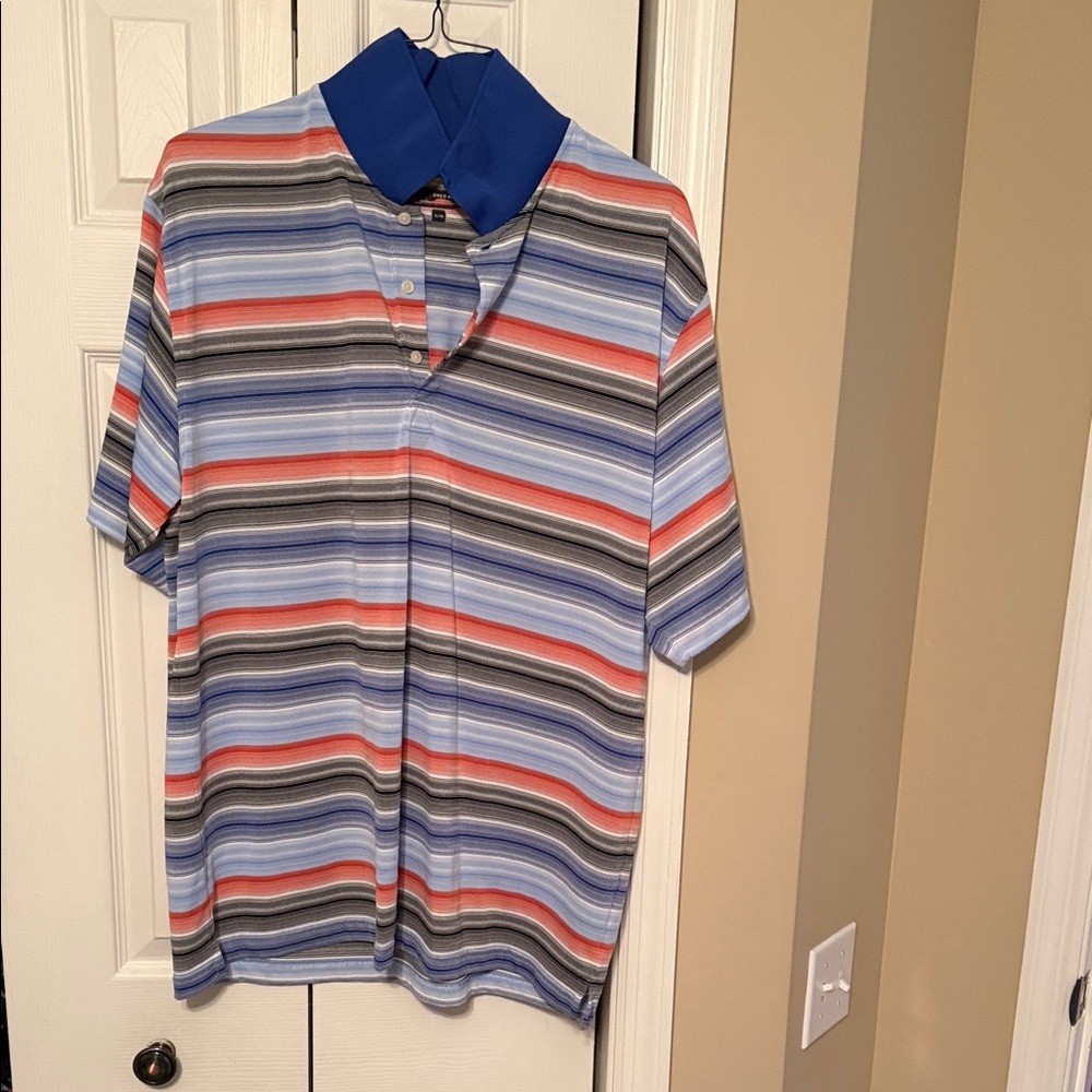Greg Norman Collection Striped Polo with Blue and Red Accents